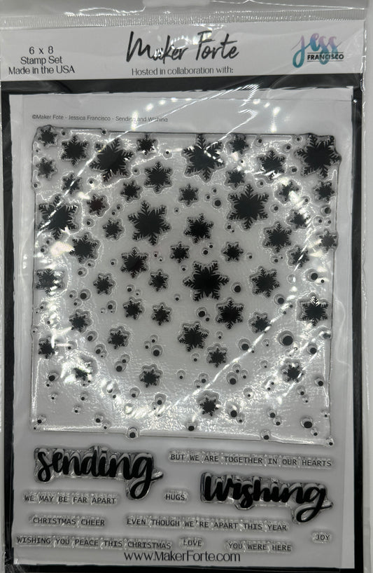 Sending and Wishing Photopolymer Stamp Set 6x8 | Snowflake Background Christmas Sentiment Stamps