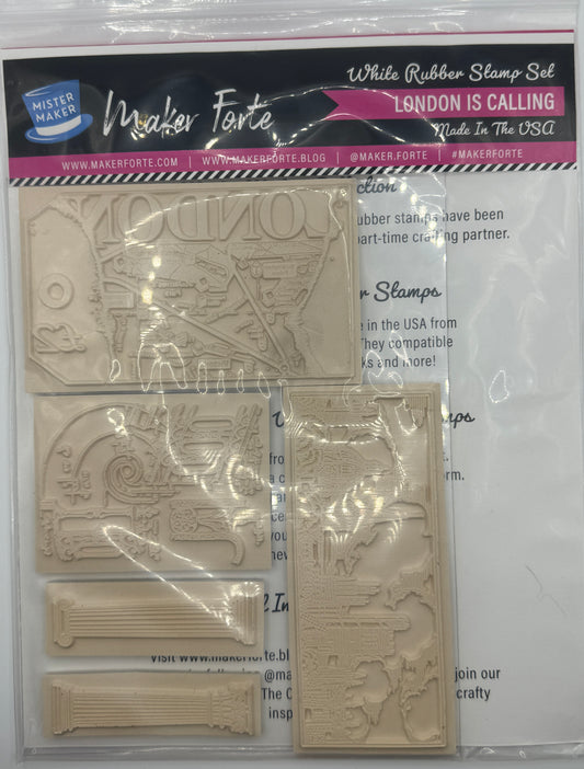 London Is Calling 6x8 White Rubber Stamp Set – Vintage London Travel, British Postmark & Collage Stamps – Deep Etched Made in USA