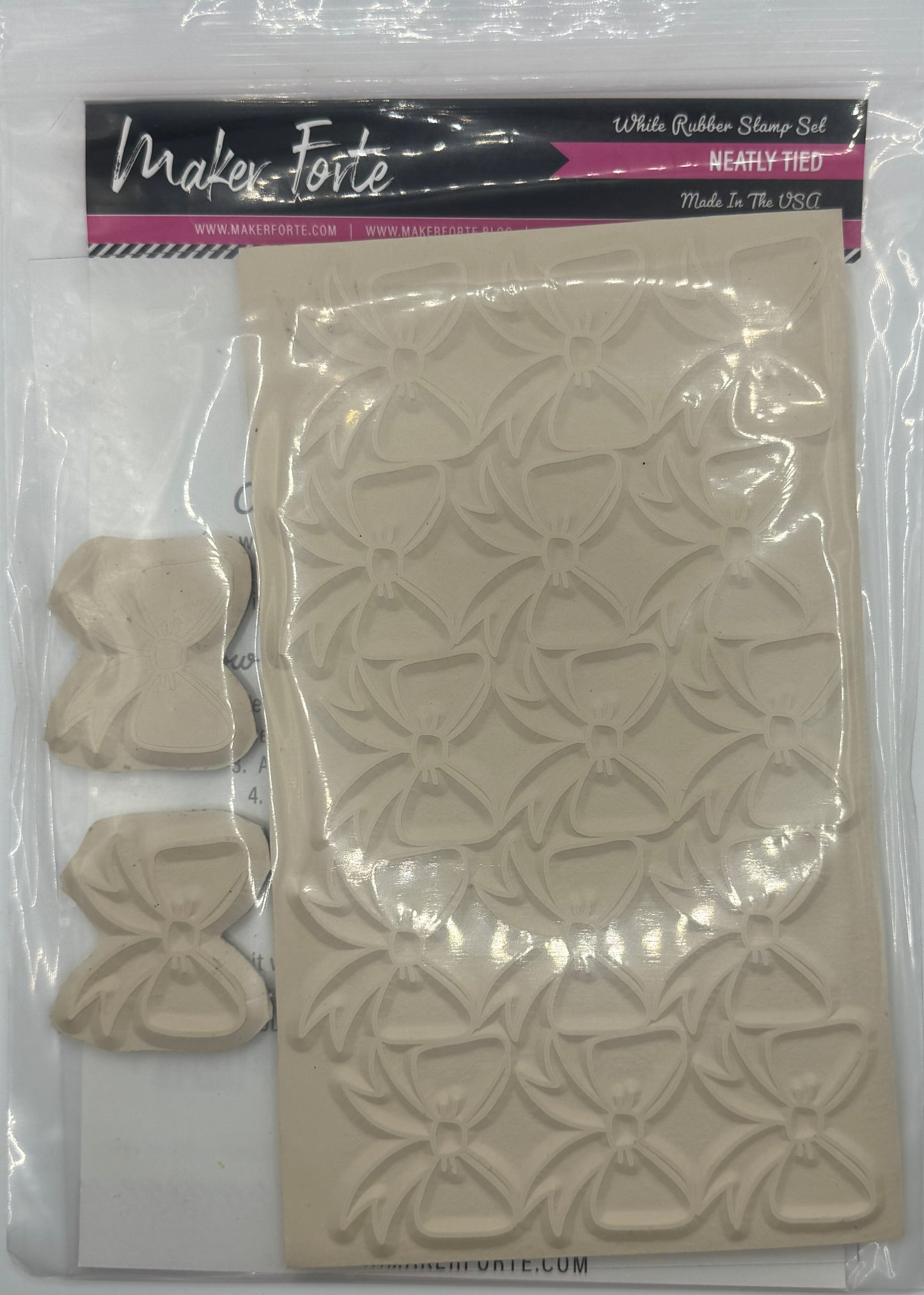 Neatly Tied 6x8 White Rubber Stamp Set – Repeating Bow Background & Gift Wrap Pattern – Deep Etched Made in USA