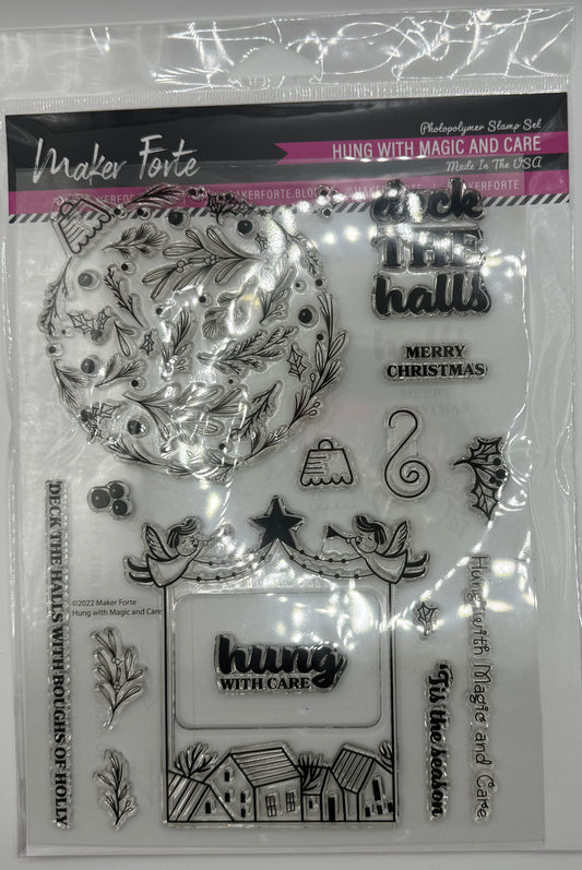 Hung with Magic and Care 6x8 Stamp Set | Christmas Wreath & Angel Scene Builder | Holiday Card Making | Made in USA