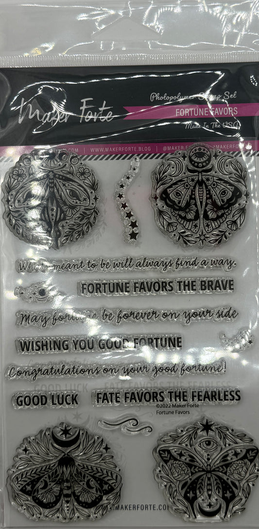 Fortune Favors Stamp Set 4x6 – Celestial Moth & Good Luck Sentiment Stamps | Photopolymer | Made in USA