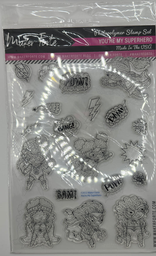 You’re My Superhero 6x8 Stamp Set | Superhero Girl Stamps & Comic Sentiments | Made in USA