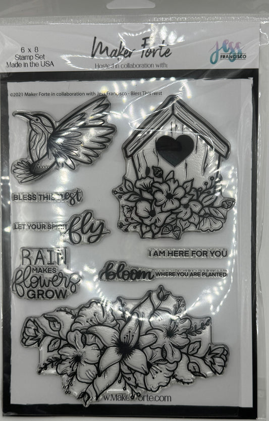Bless This Nest Photopolymer Stamp Set 6x8 | Hummingbird, Birdhouse & Floral Sentiment Stamps