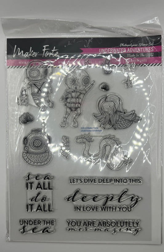 Underwater Adventures 6x8 Clear Photopolymer Stamp Set – Mermaid, Diver & Ocean Sentiments for Card Making