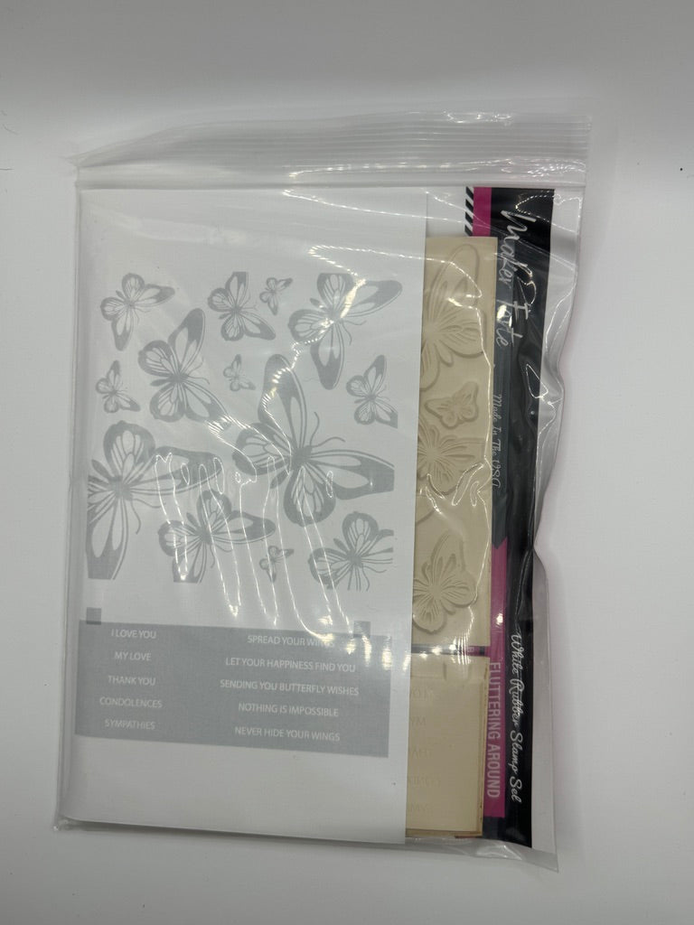 Fluttering Around – 6x8 White Rubber Stamp Set | Butterfly Stamp & Sentiment Set | Made in the USA