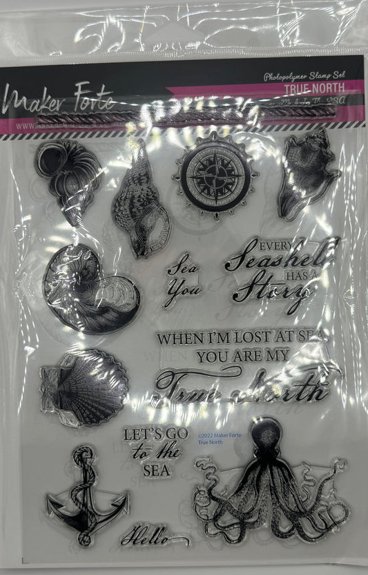 True North 6x8 Stamp Set | Nautical Seashells, Compass & Ocean Sentiments | Made in USA