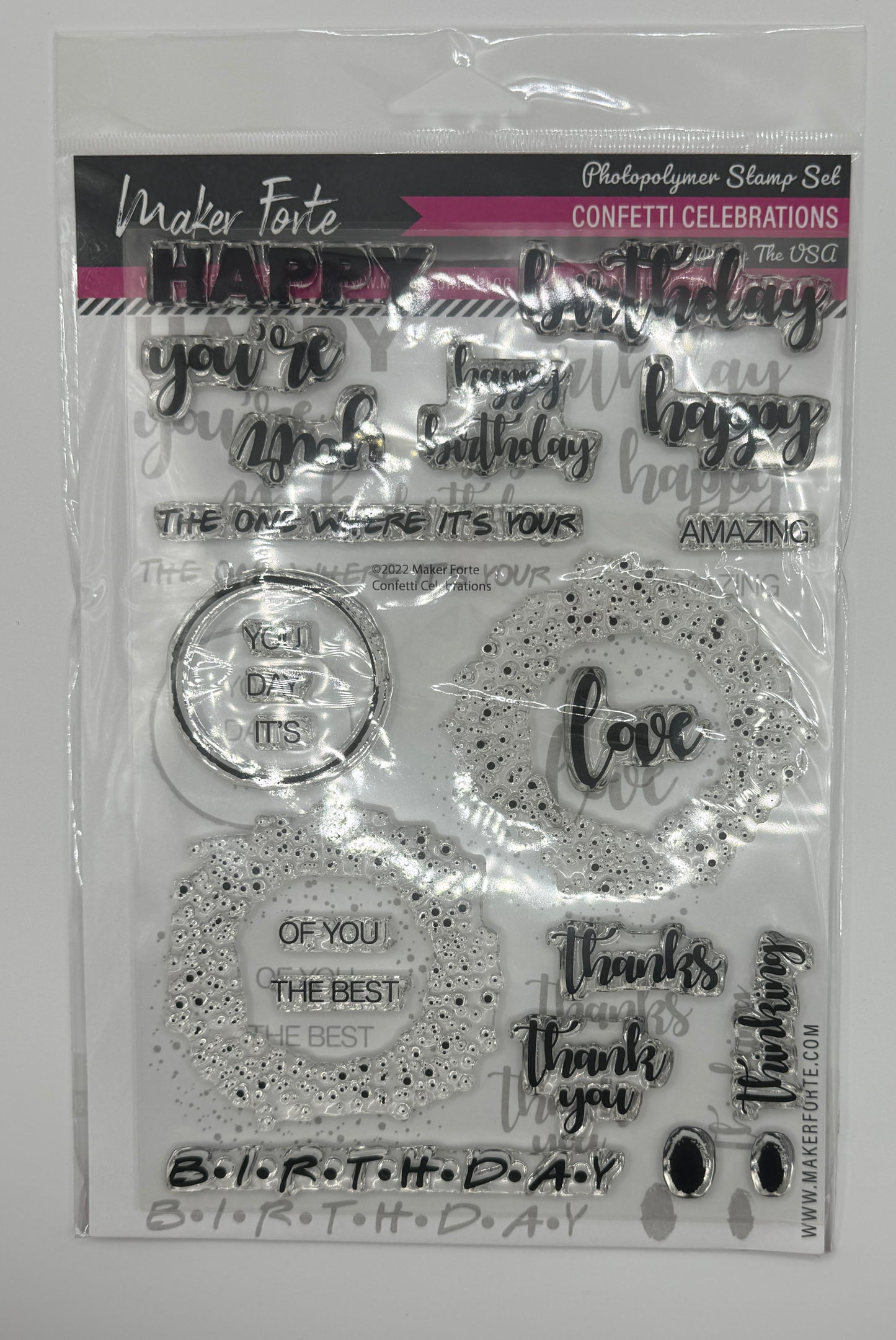 Confetti Celebrations Stamp Set 6x8 Photopolymer | Birthday, Thank You & Celebration Sentiment Stamps | Made in USA