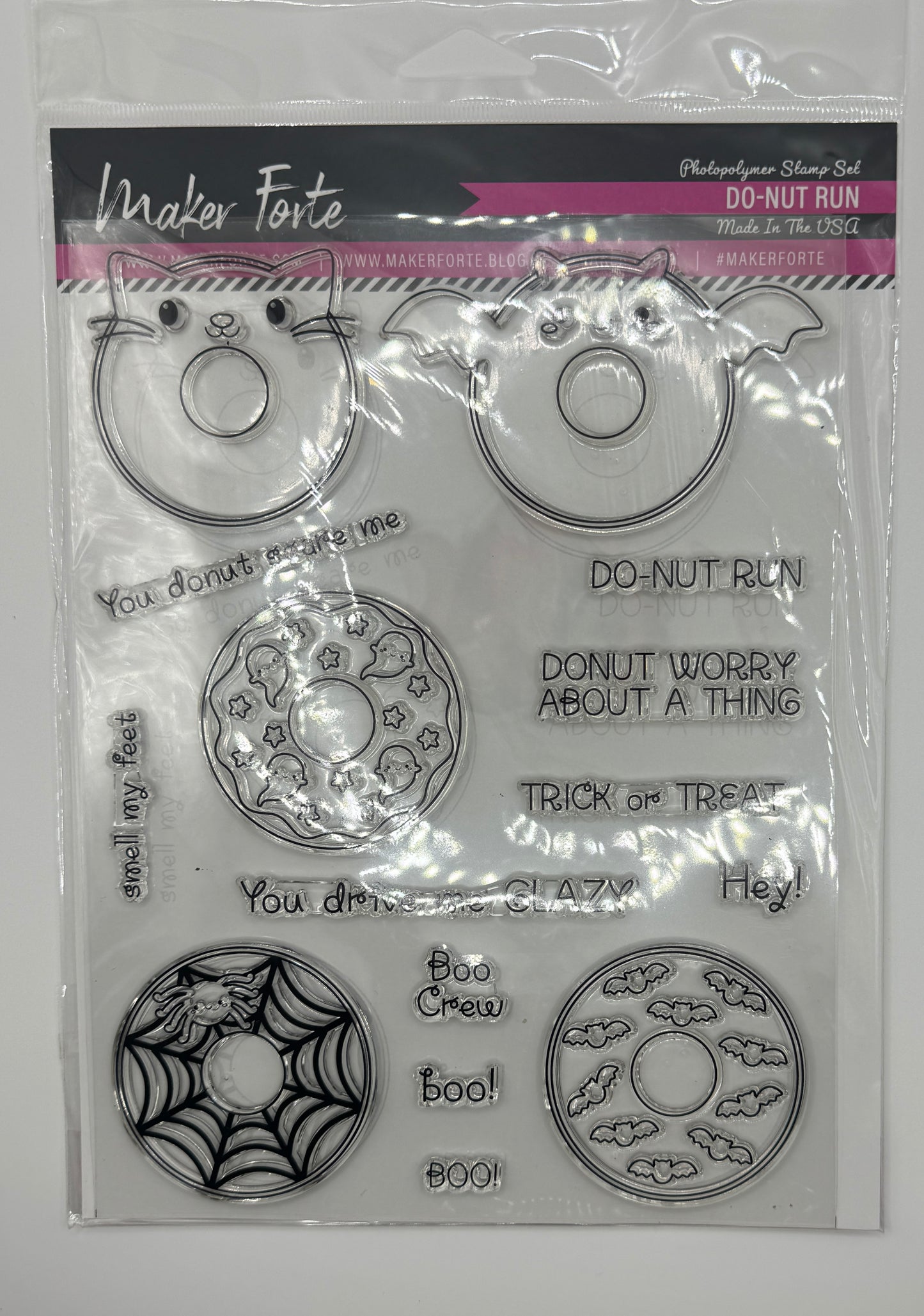 Do-Nut Run Stamp Set 6x8 Photopolymer | Halloween Donut, Cat & Bat Pun Stamps | Made in USA