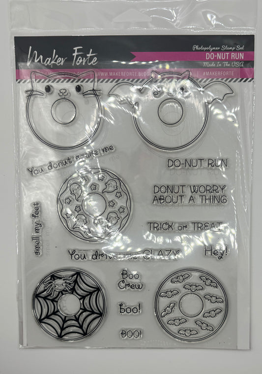Do-Nut Run Stamp Set 6x8 Photopolymer | Halloween Donut, Cat & Bat Pun Stamps | Made in USA