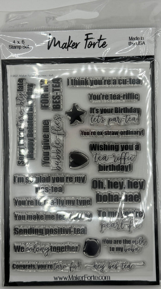 Bes-Teas Stamp Set 4x6 – Tea & Boba Pun Sentiment Stamps | Funny Birthday & Friendship Cards | Made in USA