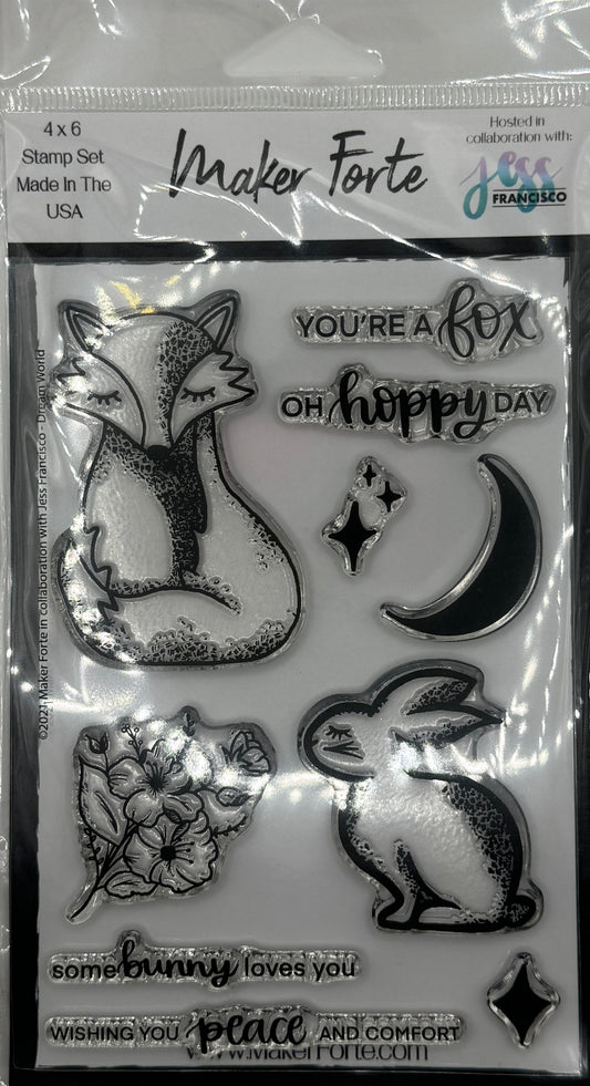 Dream World 4x6 Clear Photopolymer Stamp Set – Fox, Bunny & Woodland Sentiments for Card Making