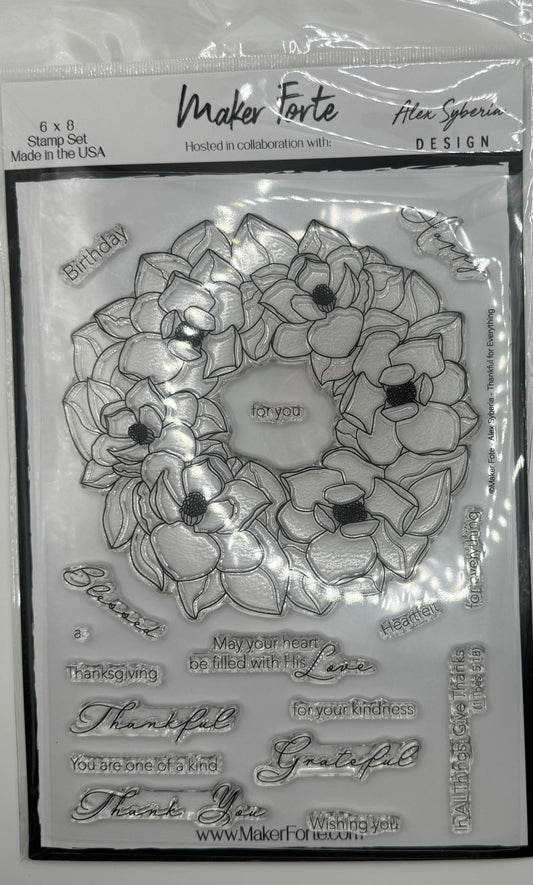 Thankful for Everything 6x8 Stamp Set | Floral Wreath & Gratitude Sentiments | Made in USA