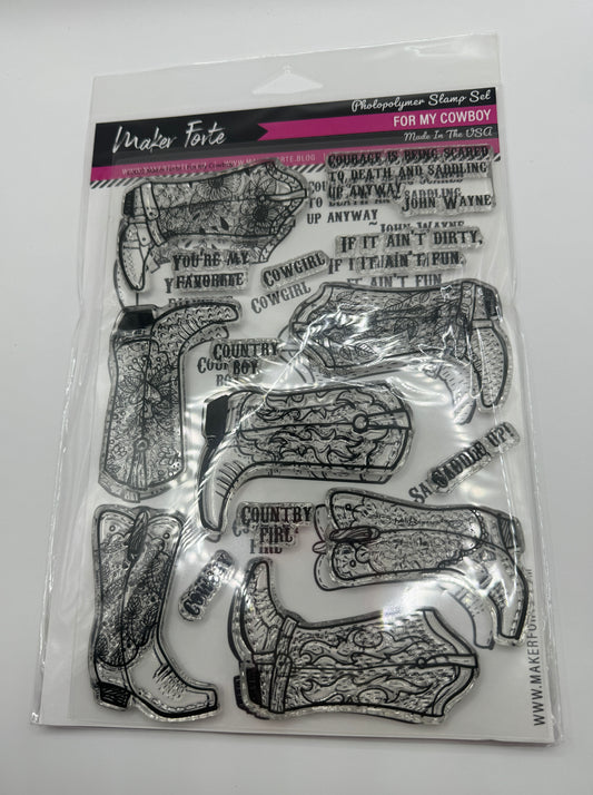 For My Cowboy Stamp Set 6x8 Photopolymer | Western Boots & Revolver Stamps | Made in USA