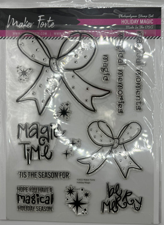 Holiday Magic Photopolymer Stamp Set 6x8 | Christmas Bows, Stars & Holiday Sentiment Stamps
