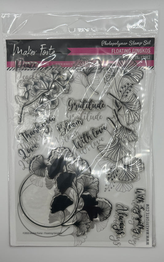 Floating Ginkgos Stamp Set 6x8 Photopolymer | Elegant Botanical Leaves & Sentiments | Made in USA
