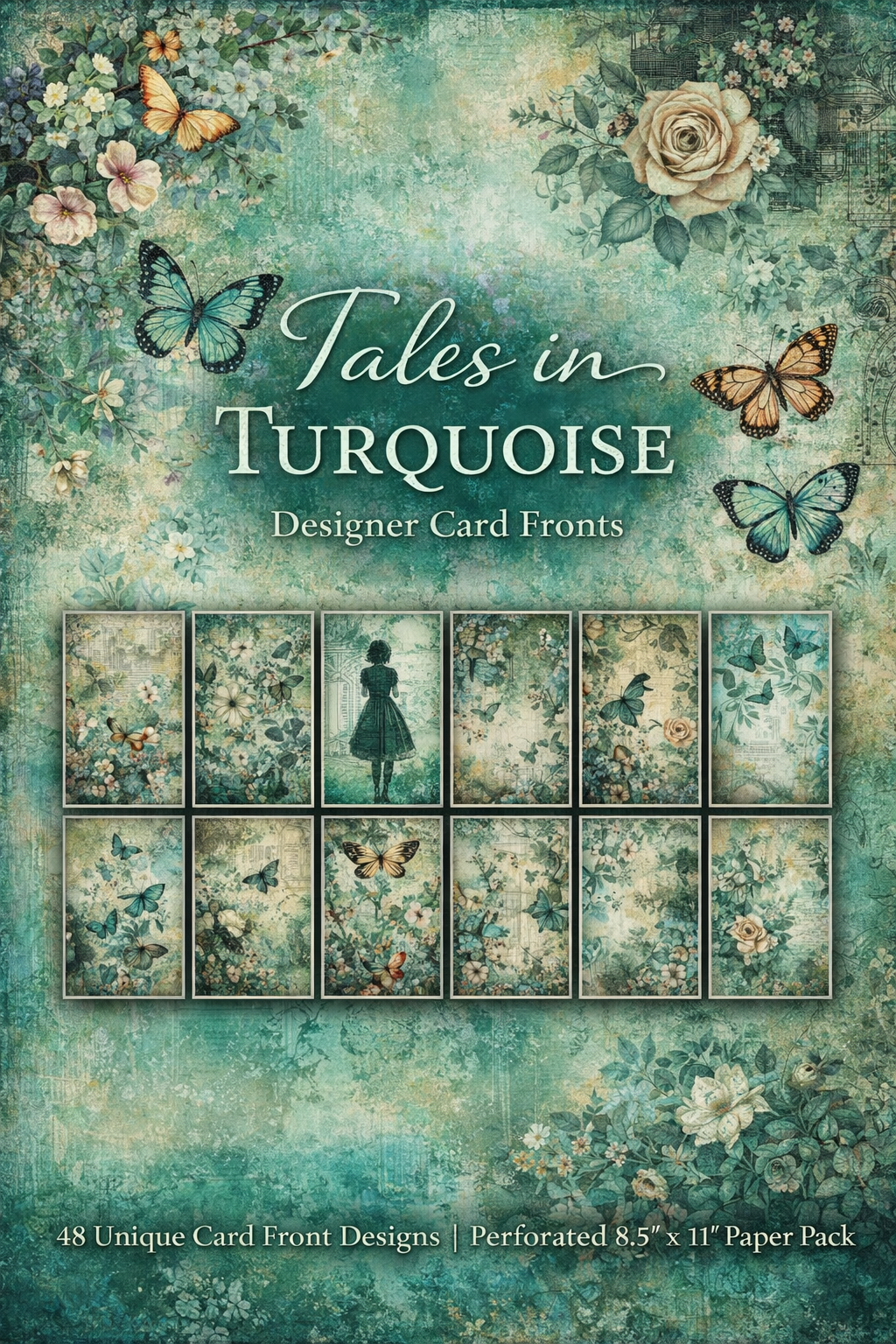Tales in Turquoise Designer Card Fronts Paper Pack – 48 Unique Botanical & Butterfly Designs, Teal Vintage Floral Cardmaking Paper, Perforated 8.5x11 Sheets