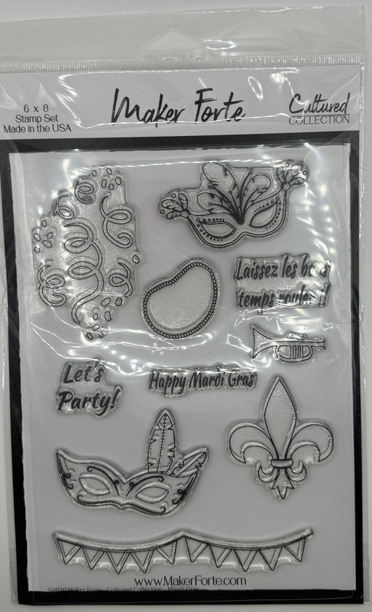 Mardi Gras 6x8 Stamp Set | Carnival Masks, Fleur de Lis & Party Sentiments | Made in USA