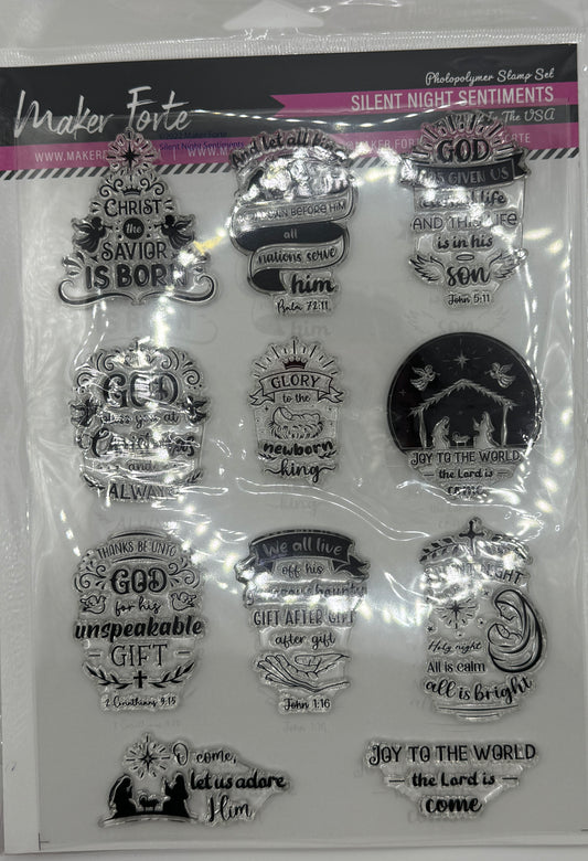 Silent Night Sentiments Photopolymer Stamp Set 6x8 | Christian Christmas Scripture Stamp Set | Nativity & Faith Sentiments