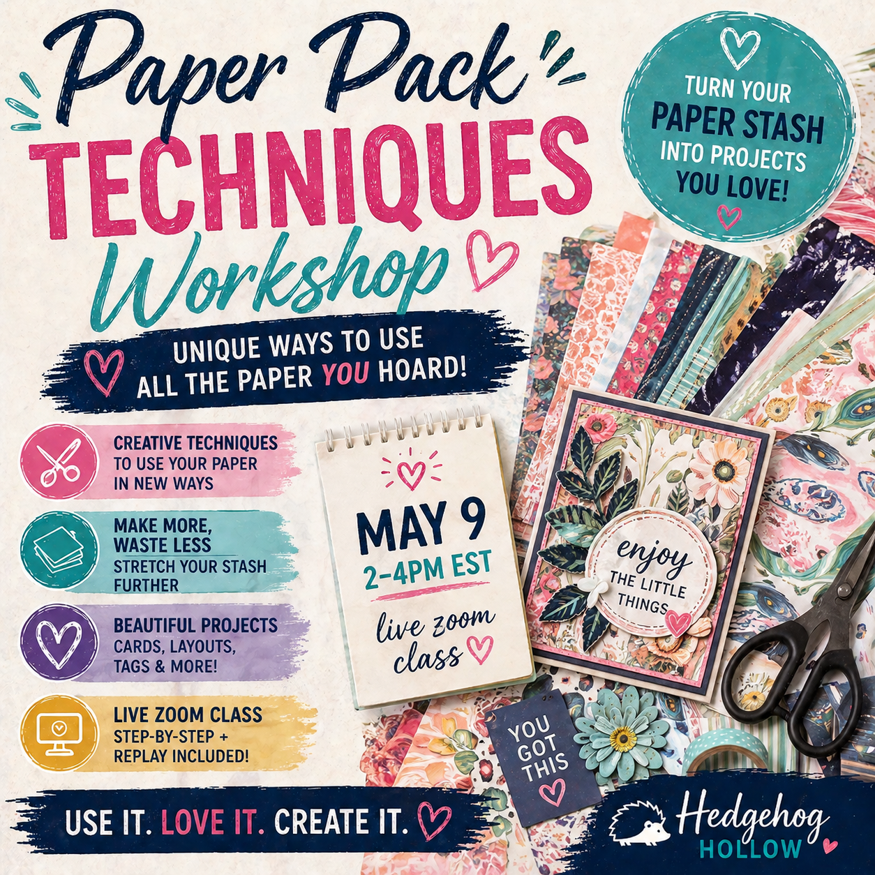 Paper Pack Techniques Workshop| May 9, 2–4PM EST Live Zoom Mixed Media Class | Hedgehog Hollow