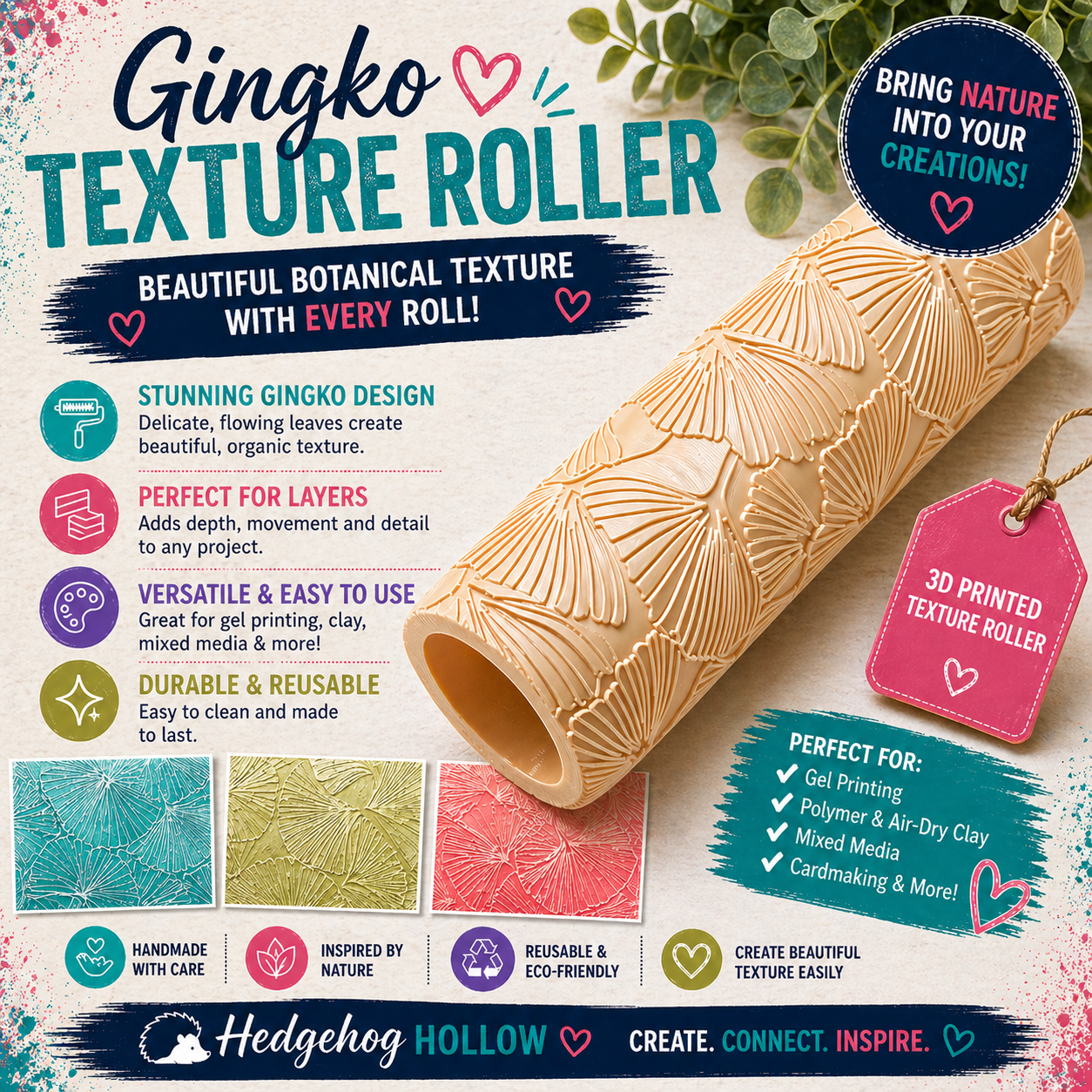 Gingko Texture Roller – Botanical Leaf Pattern Roller for Gel Press, Clay & Mixed Media | 3D Printed Texture Tool | Hedgehog Hollow