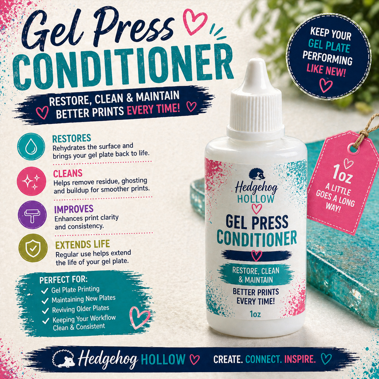 Gel Press Conditioner 1oz – Restore, Clean & Maintain Gel Plates | Extend Life & Improve Prints | Hedgehog Hollow