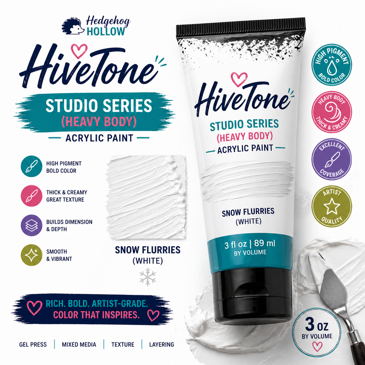 HiveTone Studio Series Heavy Body Acrylic – Snow Flurries (White) 3oz | High Pigment Artist Acrylic for Texture, Gel Press & Mixed Media