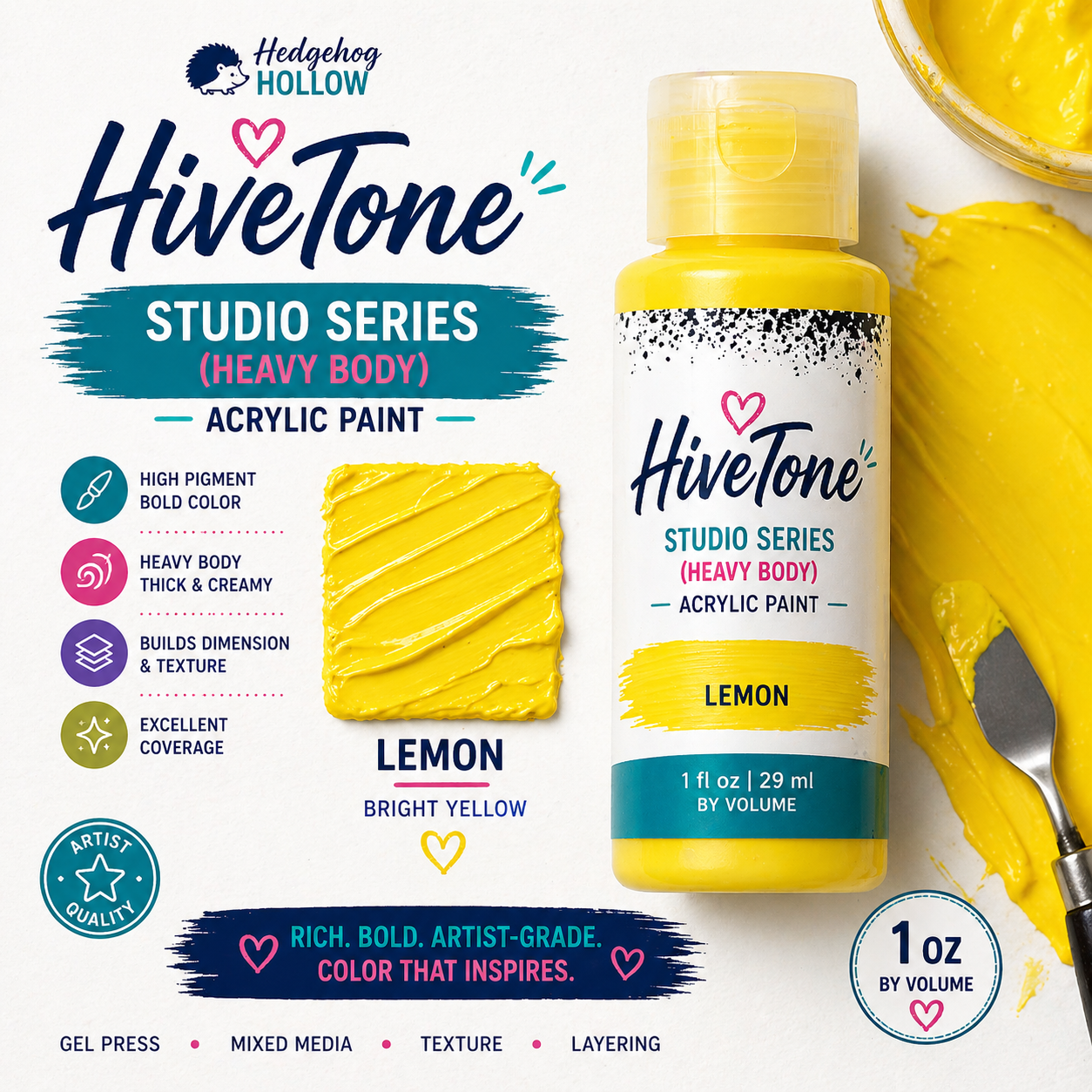 HiveTone Studio Series Heavy Body Acrylic – Lemon 1oz | High Pigment Bright Yellow Paint for Gel Press, Mixed Media & Cardmaking