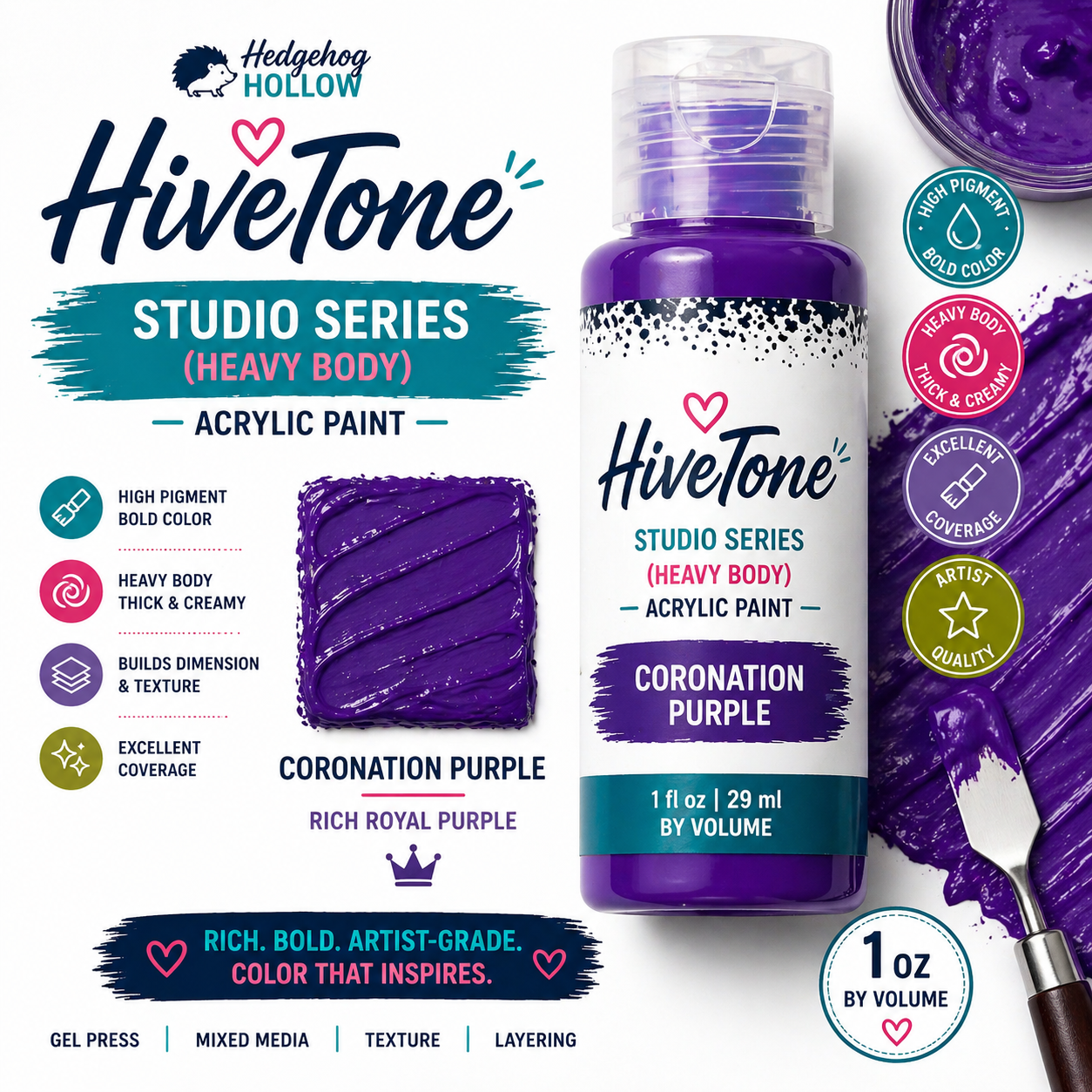 HiveTone Studio Series Heavy Body Acrylic – Coronation Purple 1oz | Rich Royal Purple High Pigment Paint for Gel Press, Mixed Media & Cardmaking