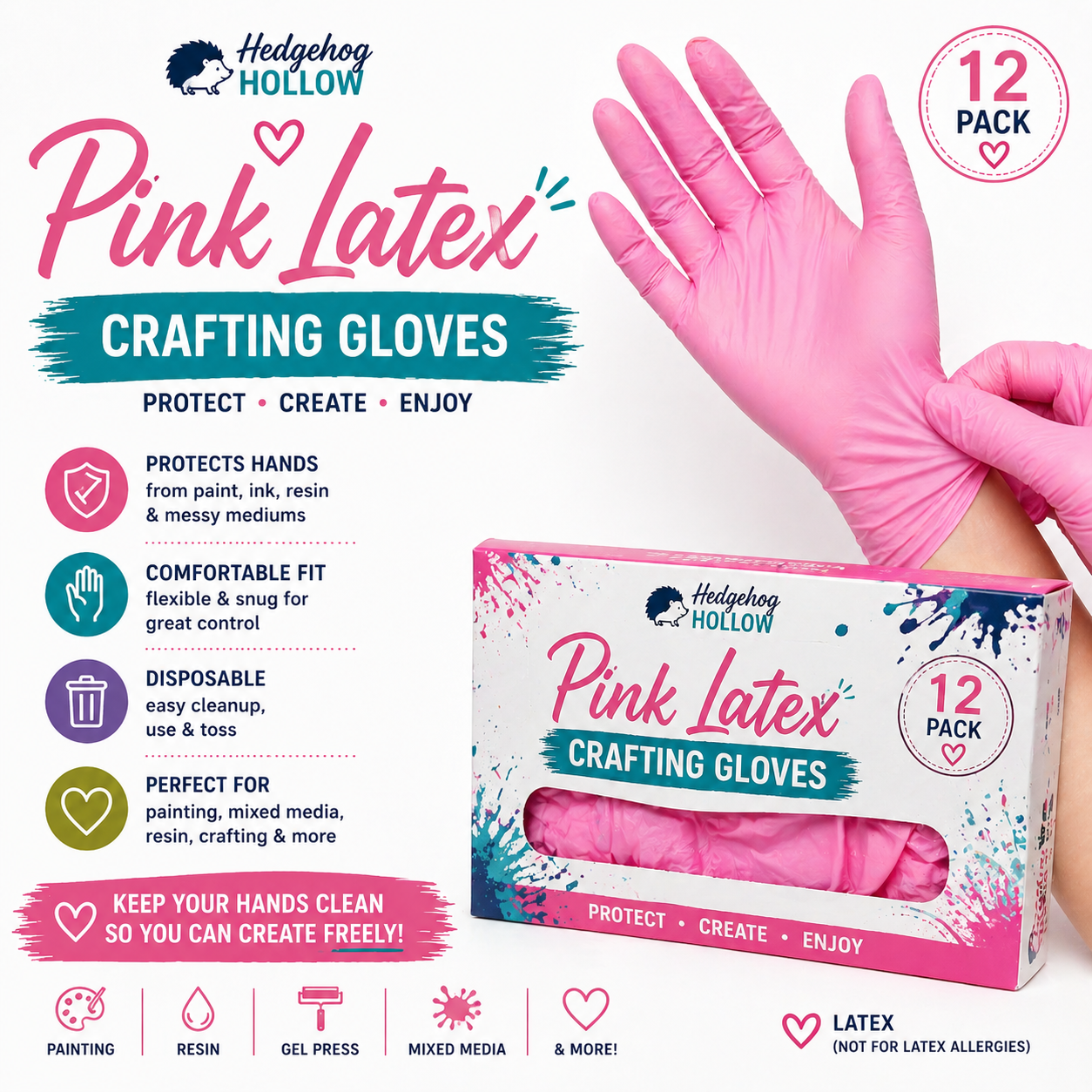 Pink Latex Crafting Gloves (12 Pack) – Disposable Protective Gloves for Painting, Resin, Ink & Mixed Media | Hedgehog Hollow