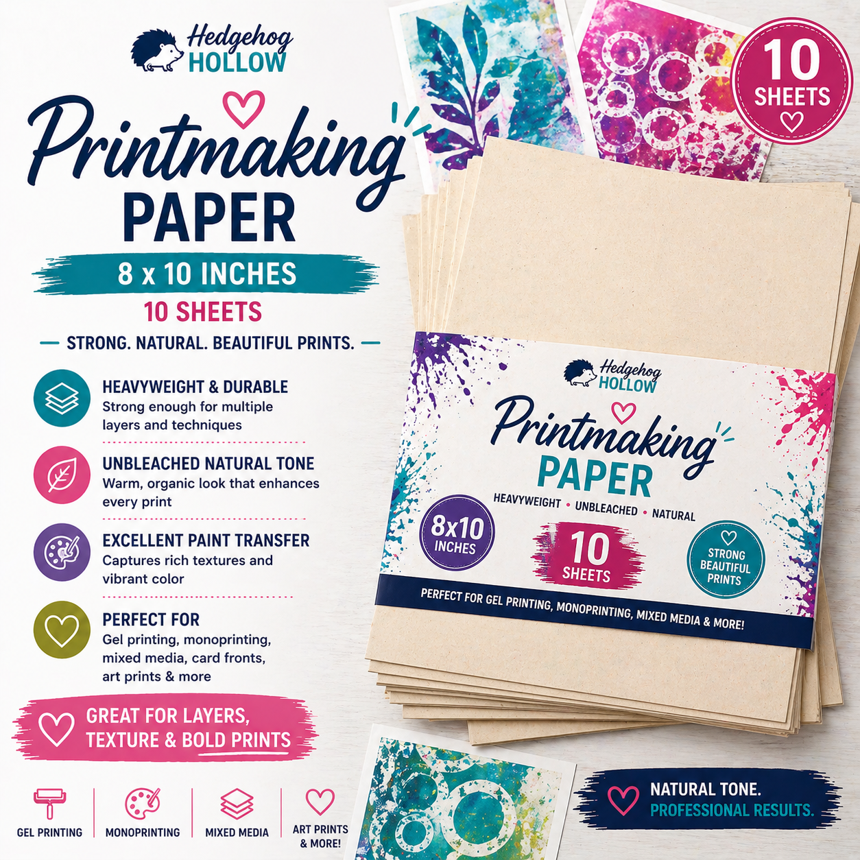 Printmaking Paper 8x10 (10 Sheets) – Heavyweight Unbleached Paper for Gel Press, Monoprinting & Mixed Media | Hedgehog Hollow