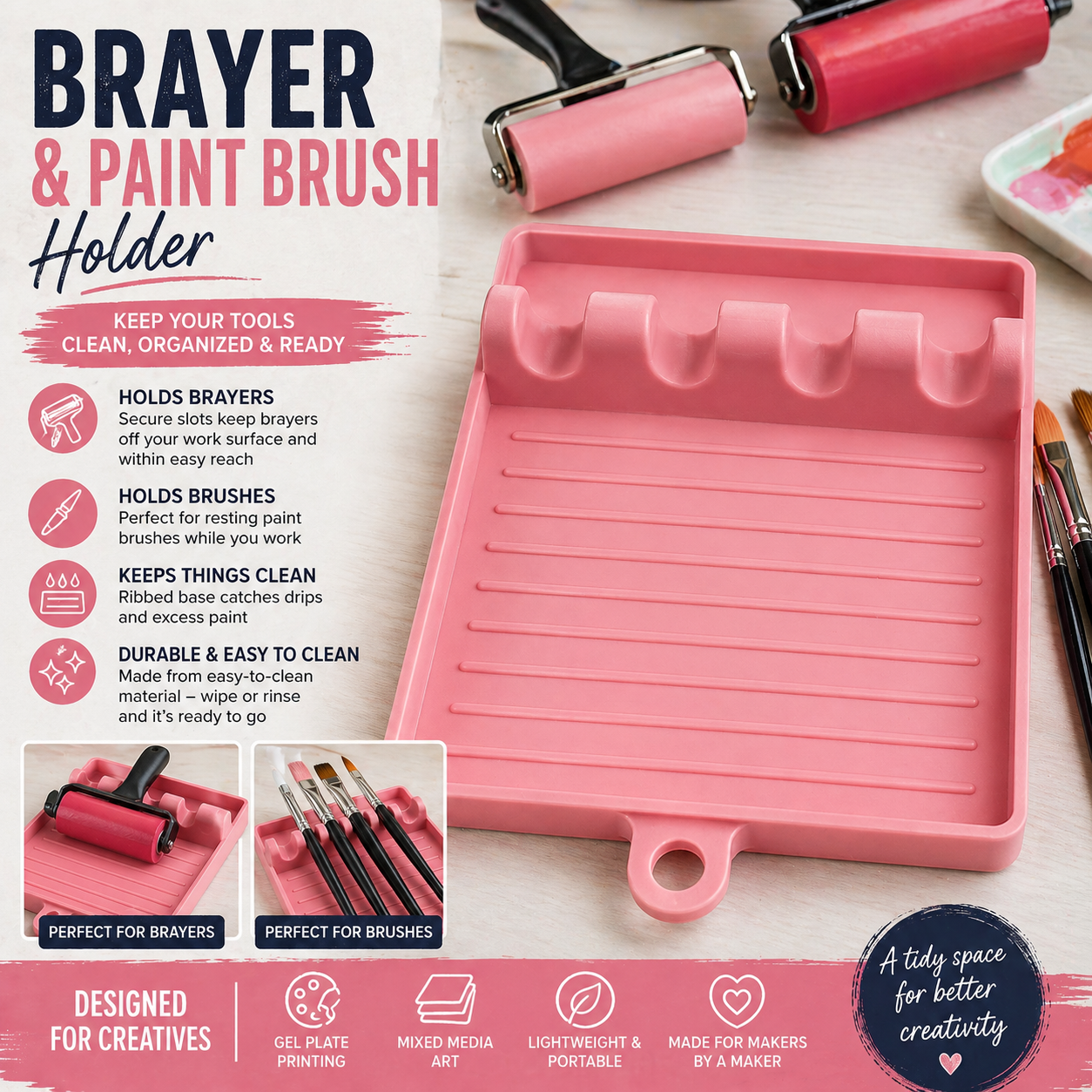 Brayer Rest & Paint Tray – 3D Printed Roller Holder for Gel Press, Ink & Paint | Non-Mess Craft Tool Stand | Multiple Colors | Hedgehog Hollow