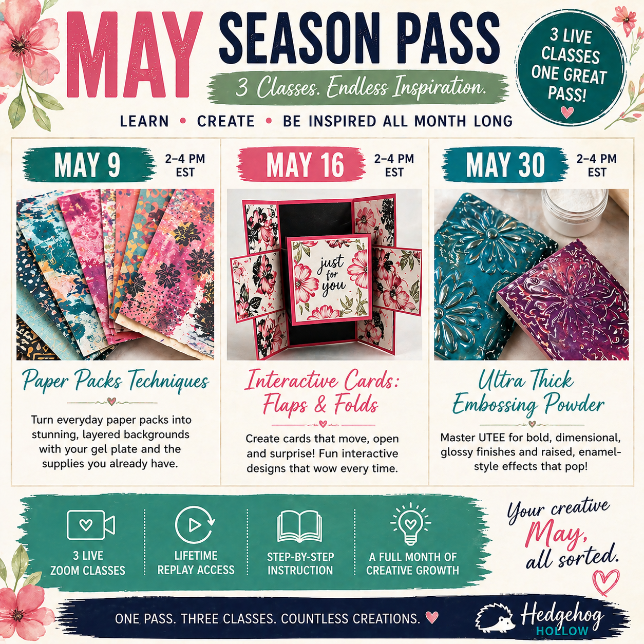 May Craft Class Season Pass – 3 Creative Workshops Bundle | Paper Packs, Interactive Cards & Embossing | Live Zoom + Replay | Hedgehog Hollow
