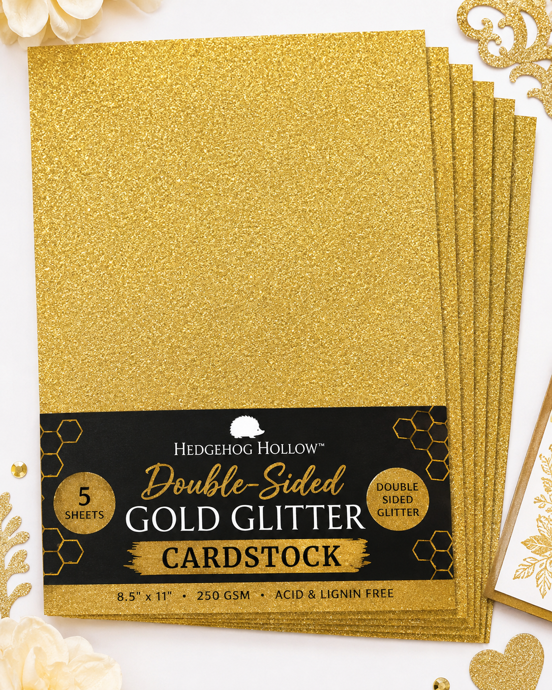 Double-Sided Gold Glitter Cardstock – 8.5" × 11", 5 Sheets