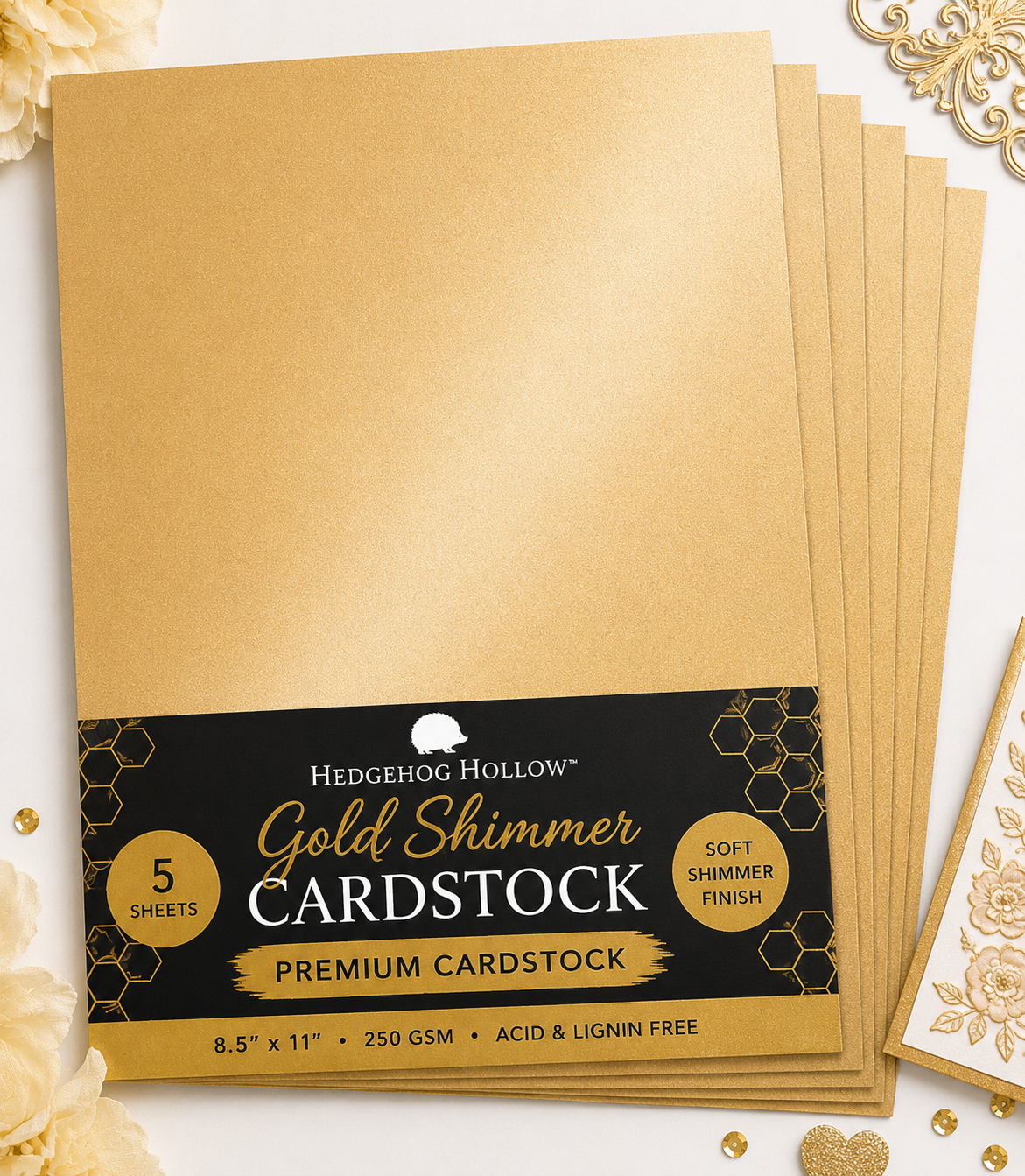Gold Shimmer Cardstock – 8.5" × 11", 5-Sheet Pack