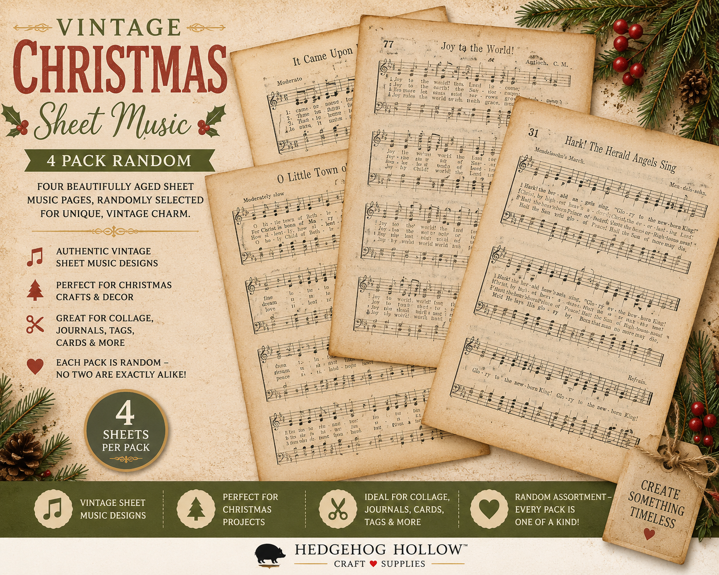 Vintage Christmas Sheet Music Papers – Random 4-Pack