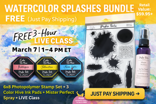 Watercolor Splashes Bundle – FREE Stamp Set + 3 Inks + Mister Perfect Spray + LIVE Class (Pay Shipping Only)