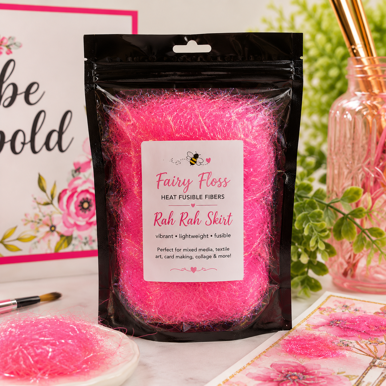 Rah Rah Skirt Fairy Floss | Neon Pink Heat Fusible Fibers for Mixed Media, Card Making & Textile Art