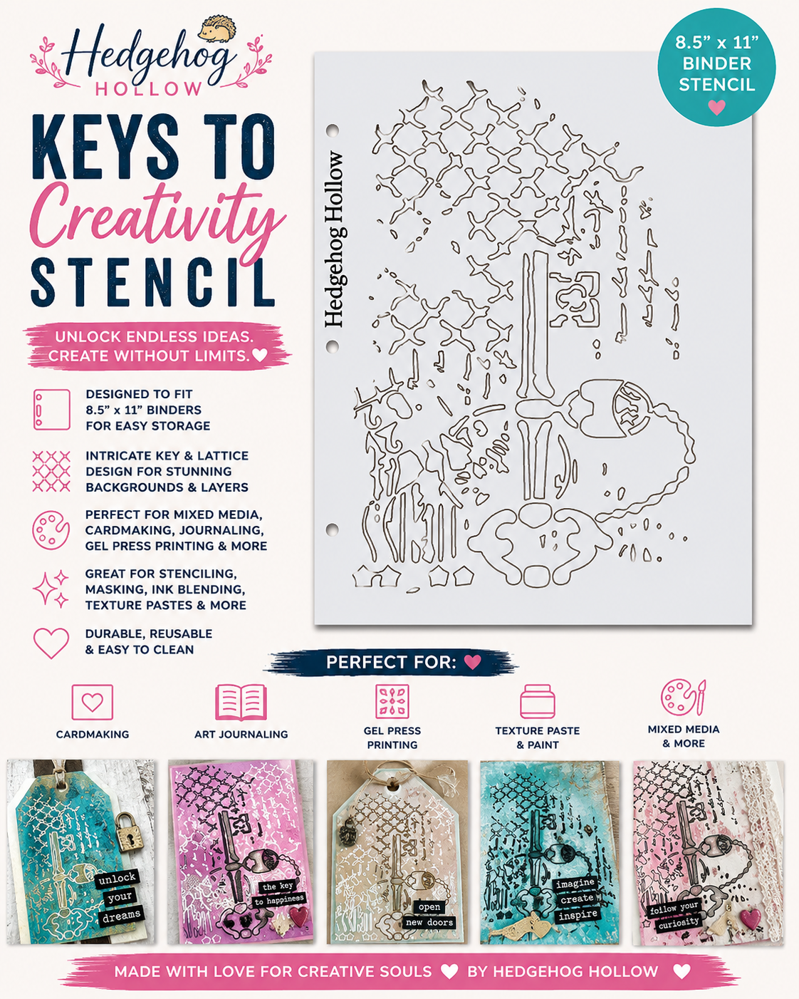 Hedgehog Hollow Keys to Creativity Stencil | 8.5" x 11" Binder Stencil