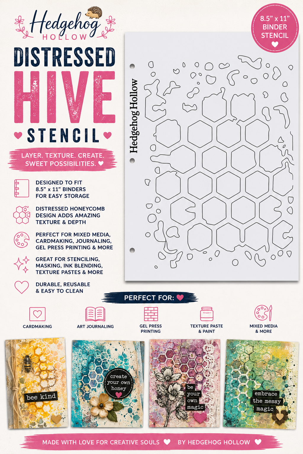 Hedgehog Hollow Distressed Hive Stencil | 8.5" x 11" Binder Stencil