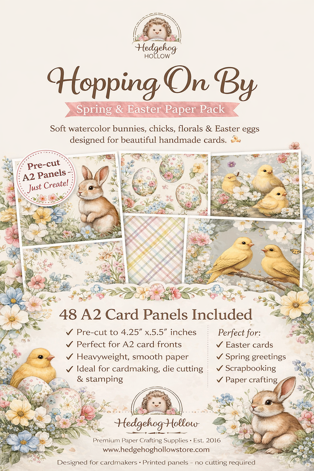 Hopping On By Spring & Easter Paper Pack – Bunny, Chick & Easter Egg Cardmaking Paper – Spring Floral Craft Paper – Hedgehog Hollow