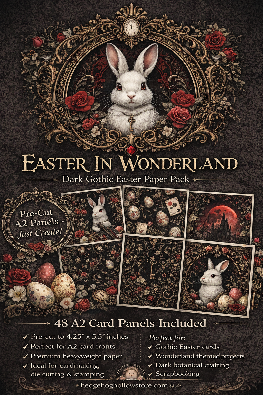 Easter in Wonderland Gothic Paper Pack – Dark Botanical Bunny & Easter Egg Cardmaking Paper – Alice Inspired Spring Craft Paper – Hedgehog Hollow
