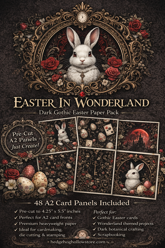 Easter in Wonderland Gothic Paper Pack – Dark Botanical Bunny & Easter Egg Cardmaking Paper – Alice Inspired Spring Craft Paper – Hedgehog Hollow