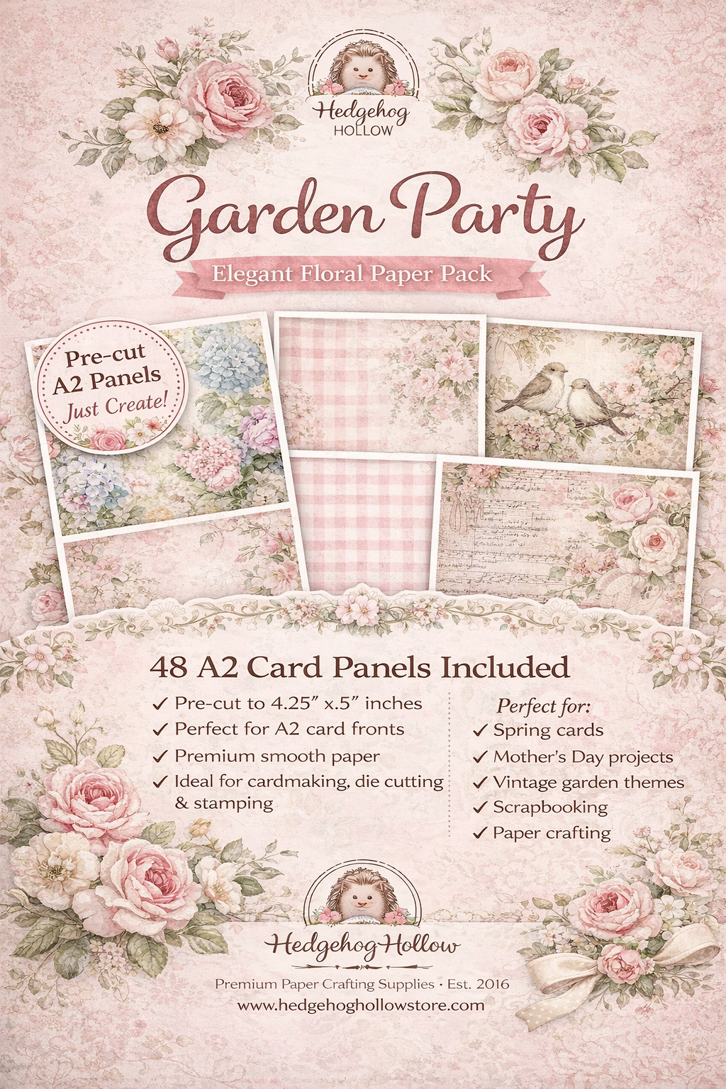 Garden Party Elegant Floral Paper Pack – Vintage Rose & Botanical Cardmaking Paper – Spring & Mother’s Day Craft Paper – Hedgehog Hollow