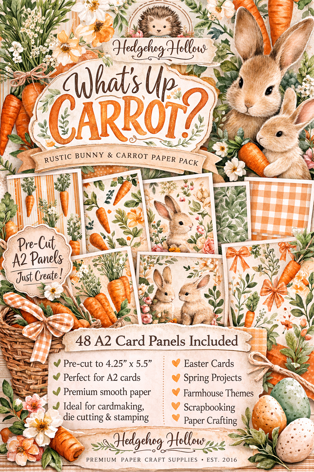 What’s Up Carrot? Rustic Bunny & Carrot Paper Pack – Easter & Spring A2 Card Panels – Farmhouse Bunny Cardmaking Paper – Hedgehog Hollow
