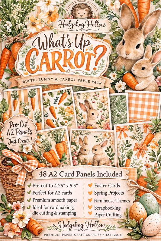 What’s Up Carrot? Rustic Bunny & Carrot Paper Pack – Easter & Spring A2 Card Panels – Farmhouse Bunny Cardmaking Paper – Hedgehog Hollow