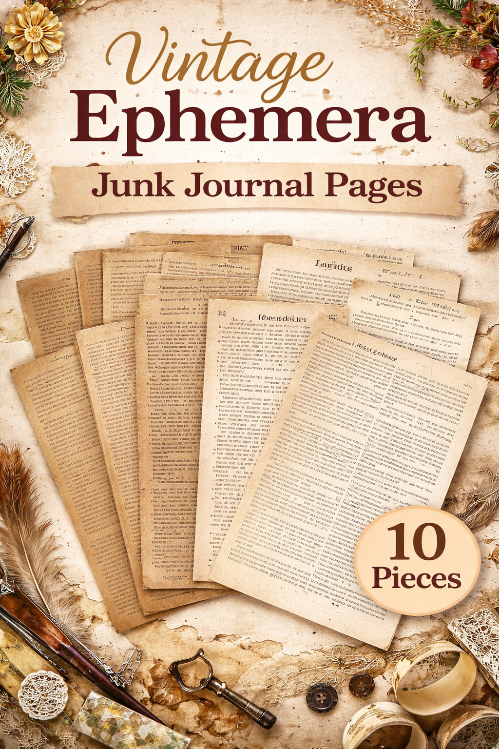 Vintage Ephemera Junk Journal Pages – Antique Book Style Paper Pack (10 Pieces) | Hedgehog Hollow