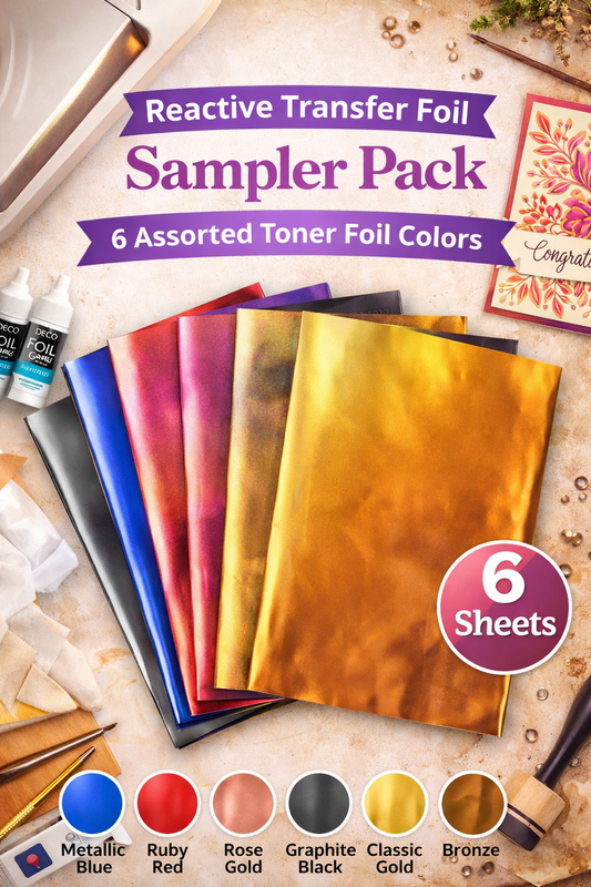 Reactive Transfer Foil Sampler Pack – 6 Assorted Toner Foil Colors (6 Sheets) 11.4 x 7.9 | Hedgehog Hollow