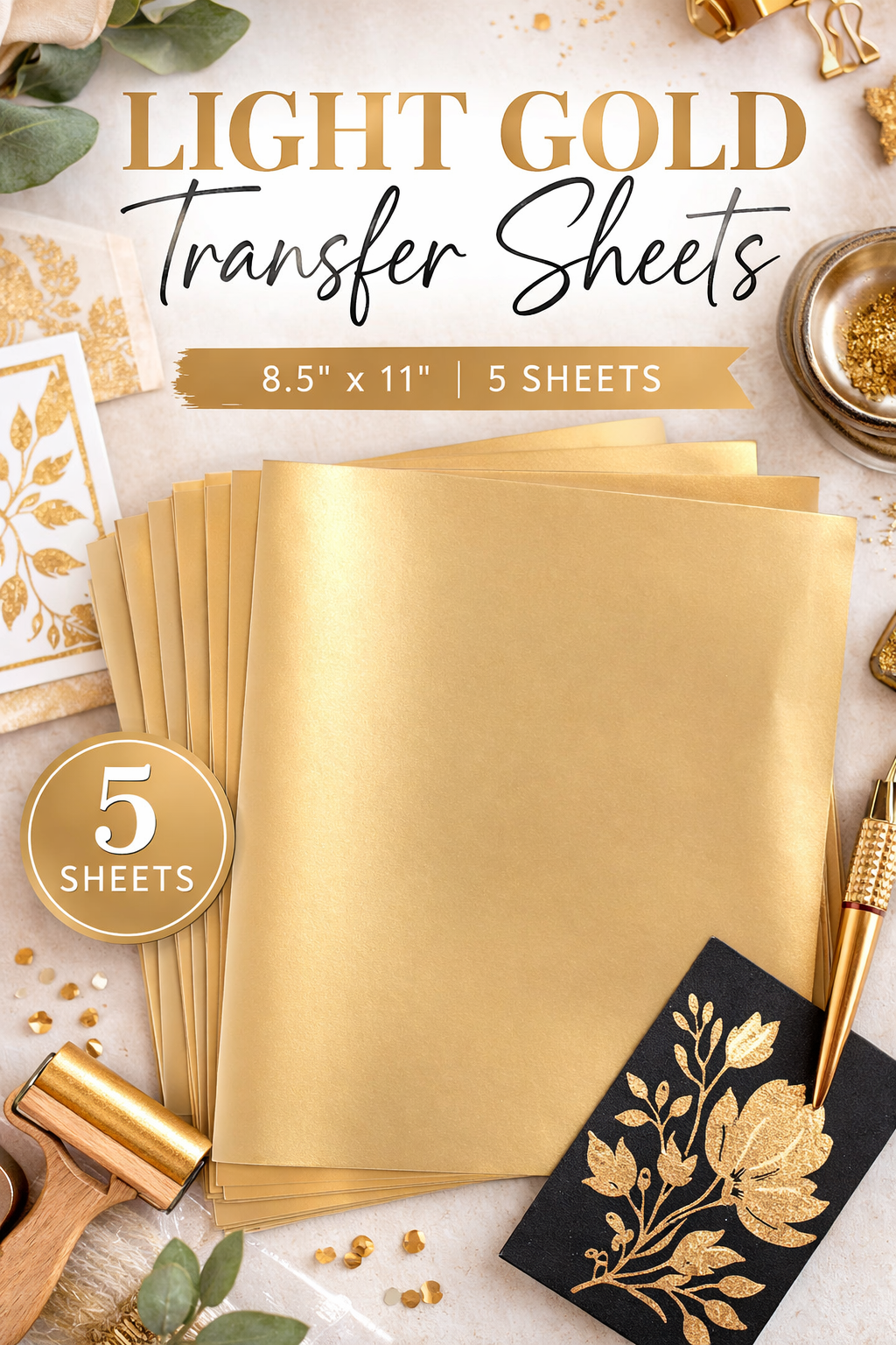 Light Gold Transfer Sheets – 8.5" x 11" Metallic Craft Transfer Sheets (5 Pack) | Hedgehog Hollow