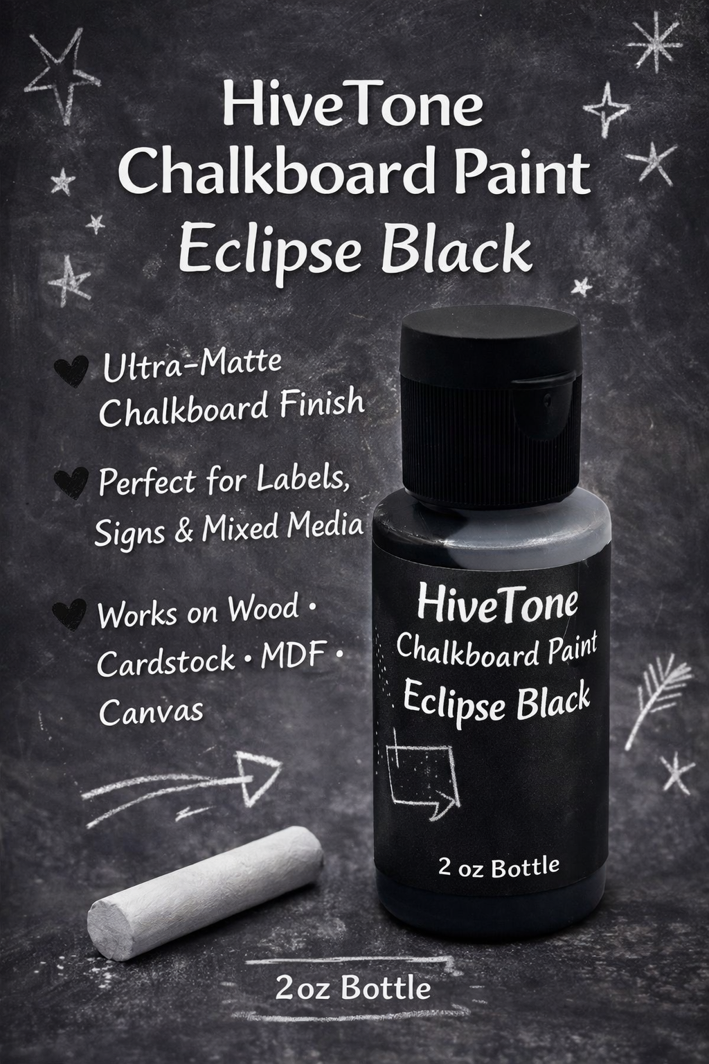 HiveTone Eclipse Black Chalkboard Paint – Ultra Matte Craft Paint for Labels, Signs & Mixed Media | 2oz | Hedgehog Hollow