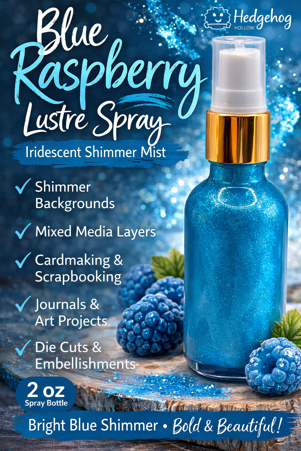 Blue Raspberry Lustre Spray – Iridescent Bright Blue Shimmer Mist for Cardmaking, Mixed Media & Paper Crafts | 2oz | Hedgehog Hollow